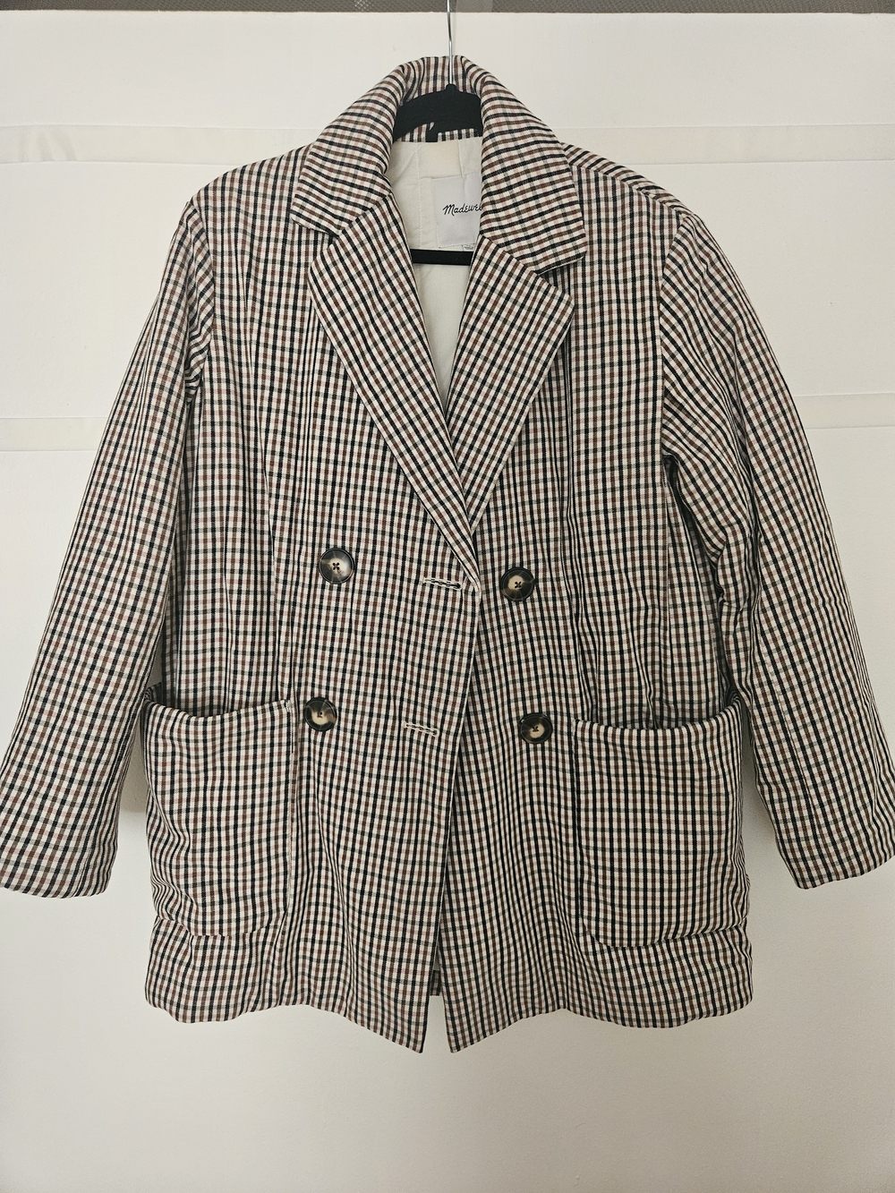 Madewell Women's Houndstooth Double-Breasted Blazer Jacket - Black & Cream
